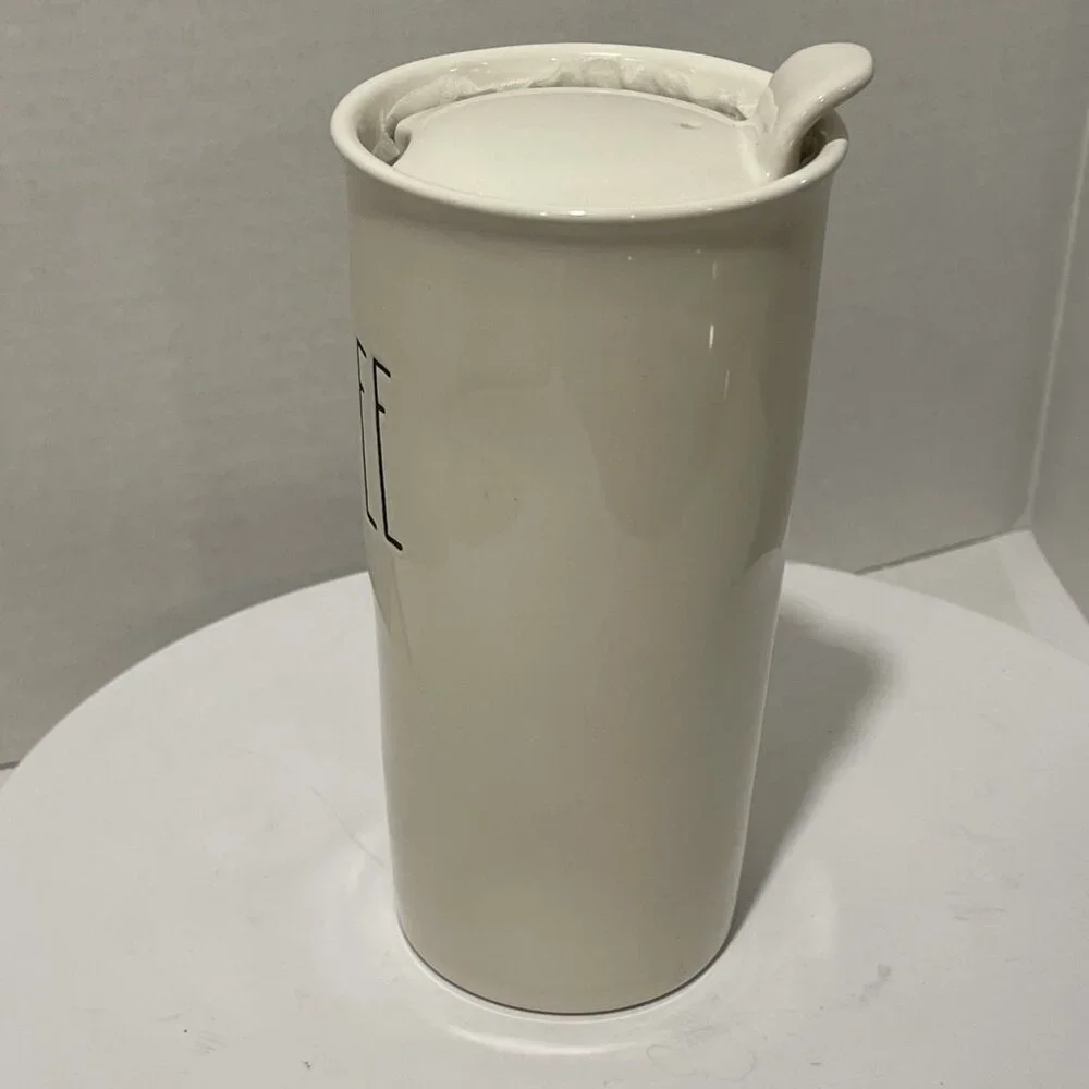 NEW Rae Dunn Coffee Travel Mug Tumbler Letter Ivory Ceramic Hot/Cold Cup Lid NEW